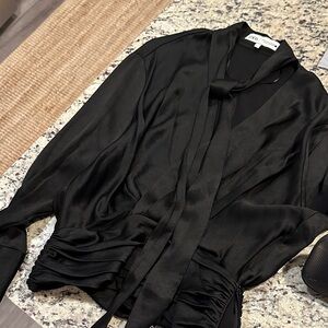 NWOT Zara Black Satin Blouse with Tie Accent